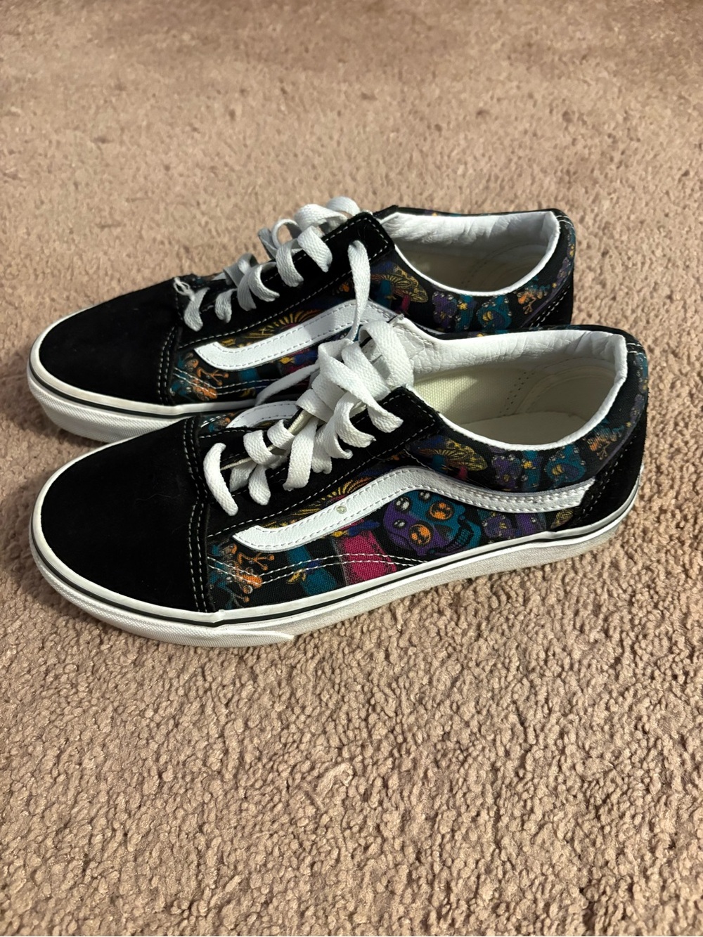 Vans Black Low-Top Sneakers with White Stripe and Multicolor Pattern
